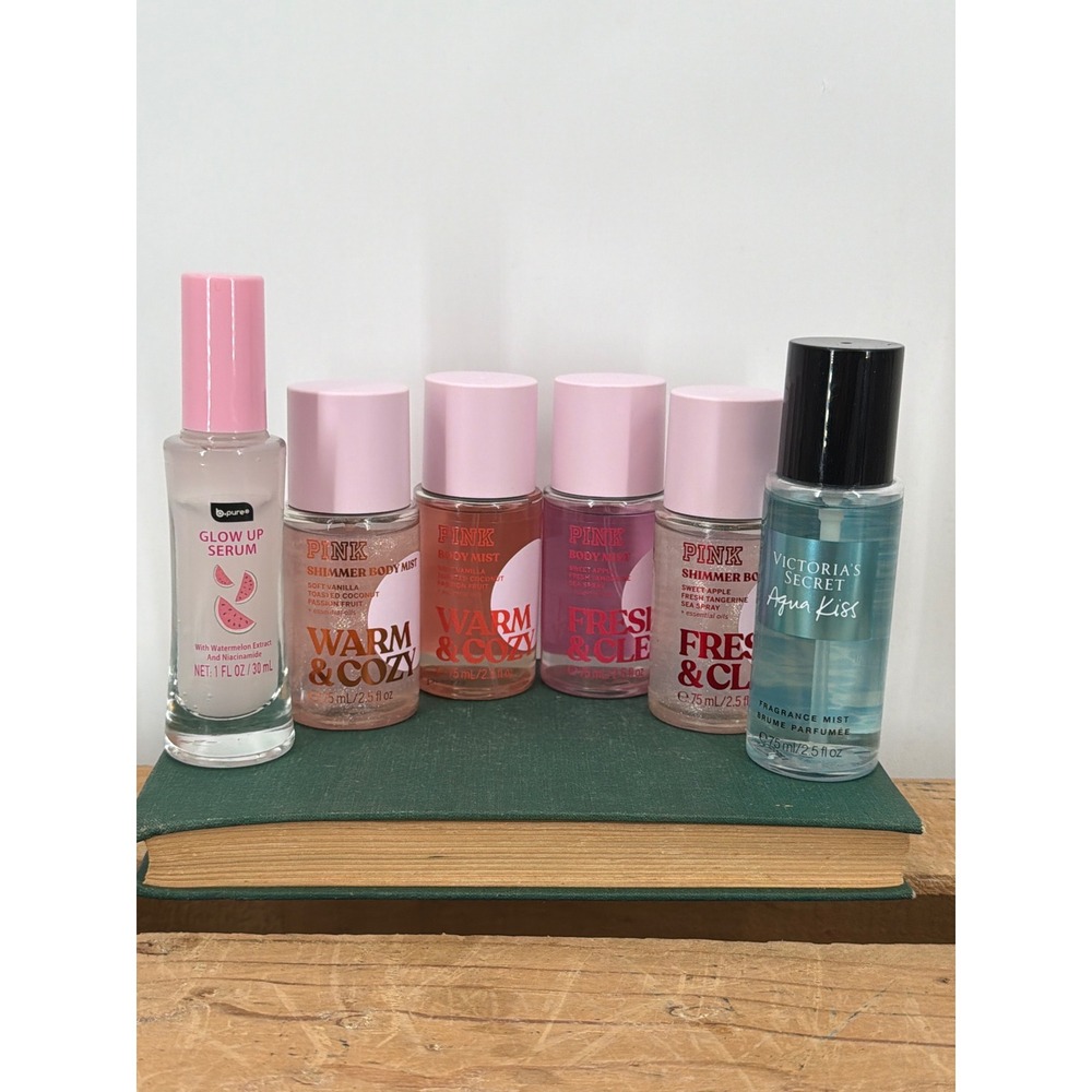 Victoria's Secret PINK Body Mist Shimmer Aqua Kiss & b.pure Glow Up Serum Lot 6